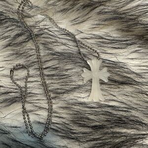 Chrome Hearts Silver Ball Chain Necklace with Frosted White Cross Pendant